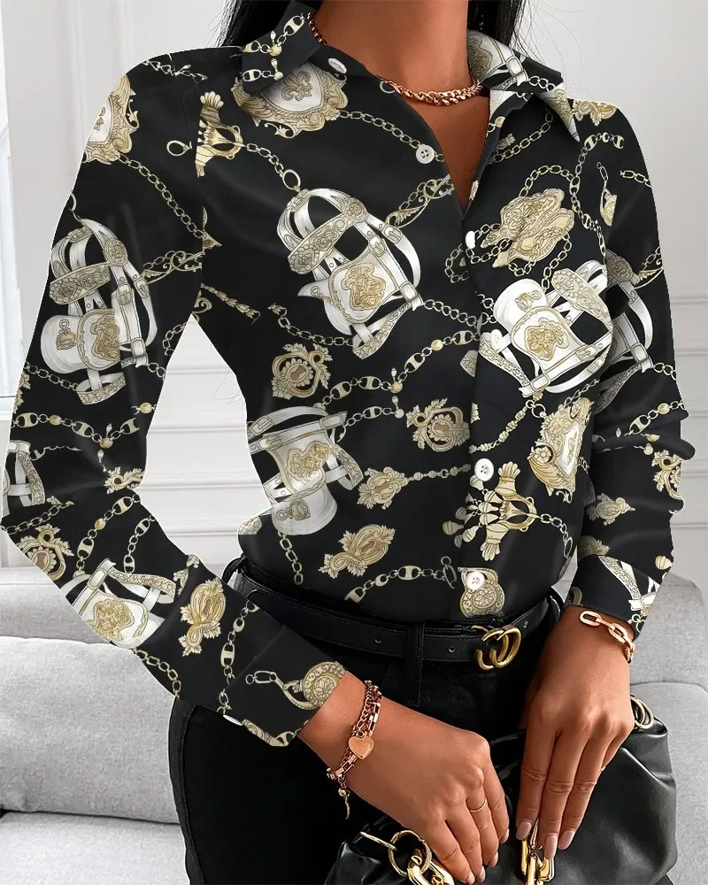 Autumn loose sleeved V-neck button printed shirt shirt for women versatile and fashionable showcasing a relaxed temperament