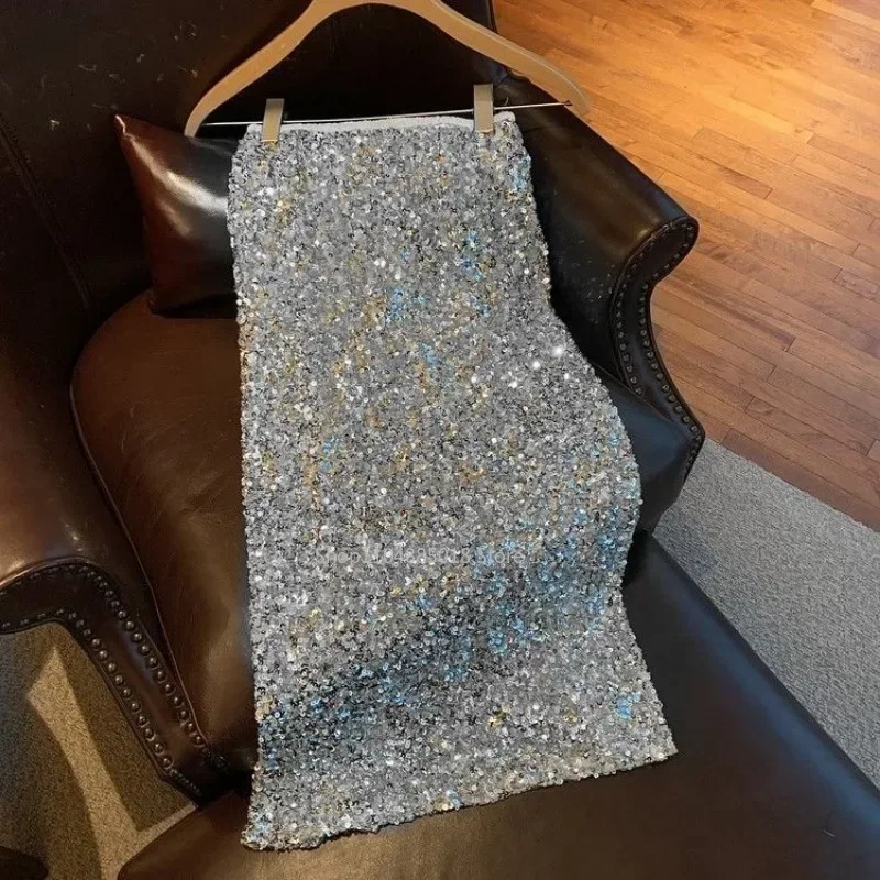 Sequins Midi Skirts Women Graceful Office Lady Slit Design Basic Sexy Chic European Style High Waist Autumn Straight Faldas