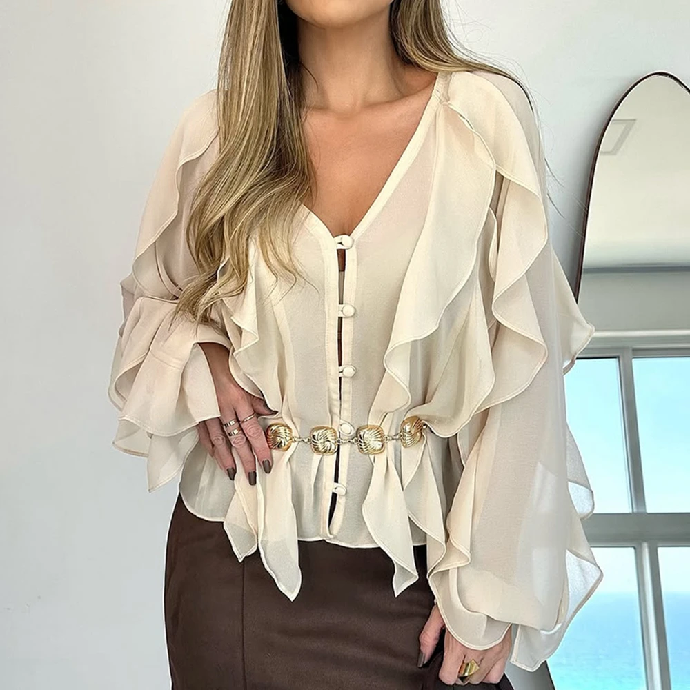 

Summer Blouse V Neck Shirts Frill Design Button Front Long Sleeve Blouse Femme Casual Shirts y2k Tops