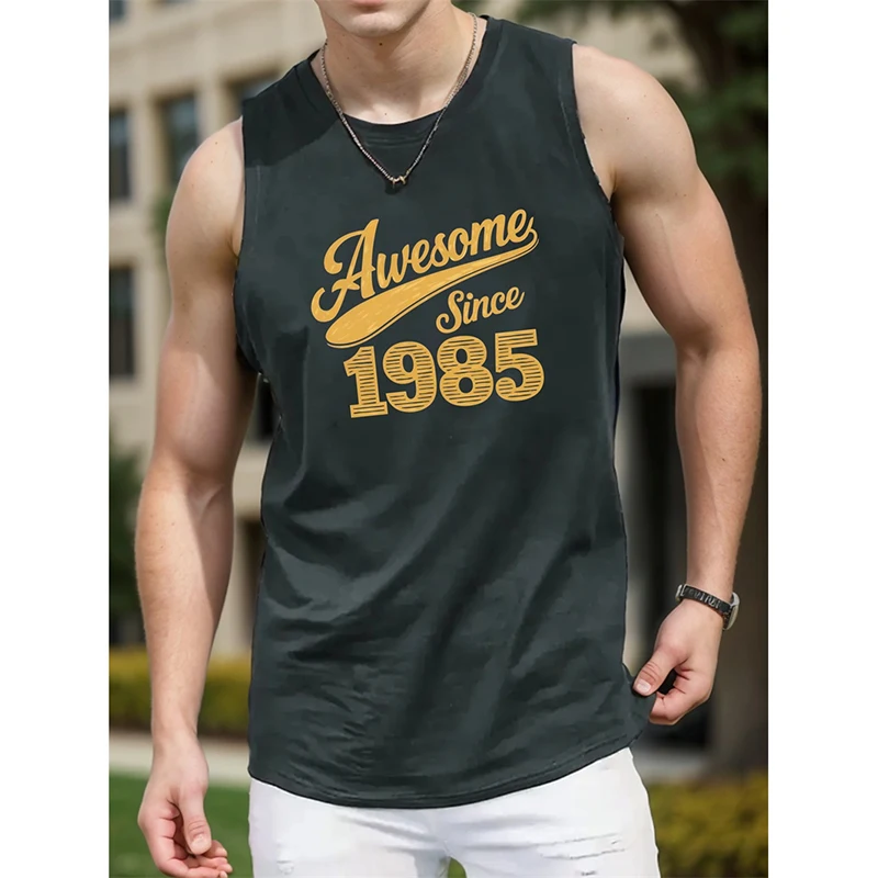 Awesome Since 1985 Funny Text Men's Breathable Loose Tank Top Quick Dry Sleeveless Sports Vest For Gym Summer Wear Leisure Style