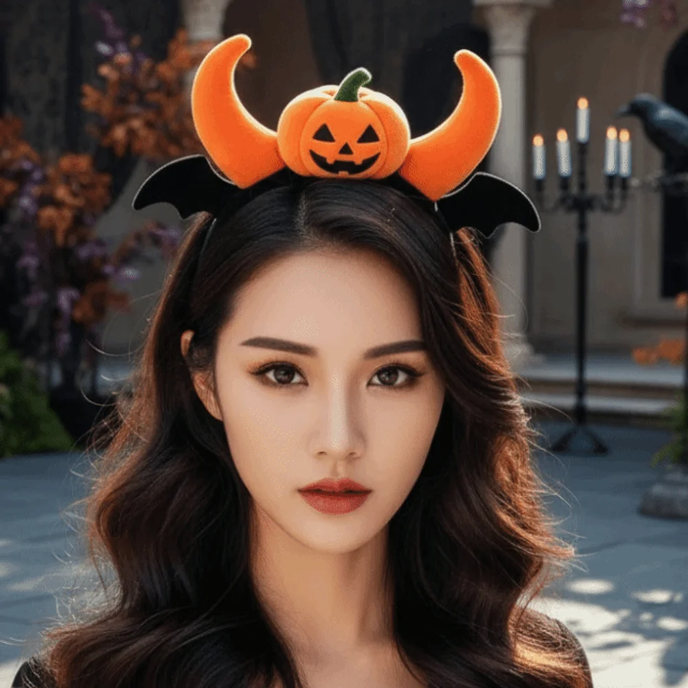 Devil Horn Hairband Plush Pumpkin Headband Lightweight Handmade Bat Hairband Anti slip Orange Black Halloween Head Hoop Carnival