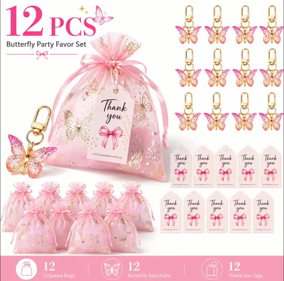 36 Stück/12 Sets Zufälliges Schmetterlings-Schlüsselanhänger-Geschenkset: 12 Stück lila Acryl-Schlüsselanhänger, 12 Stück braune Karten, 12 Stück Organza-Beutel mit Kordelzug. – Detail 1