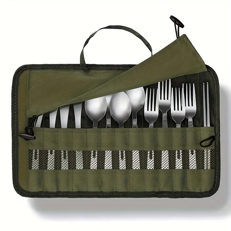 Outdoor camping tableware roll storage bag, Oxford cloth portable tableware bag with safety slot - lightweight and compact trave