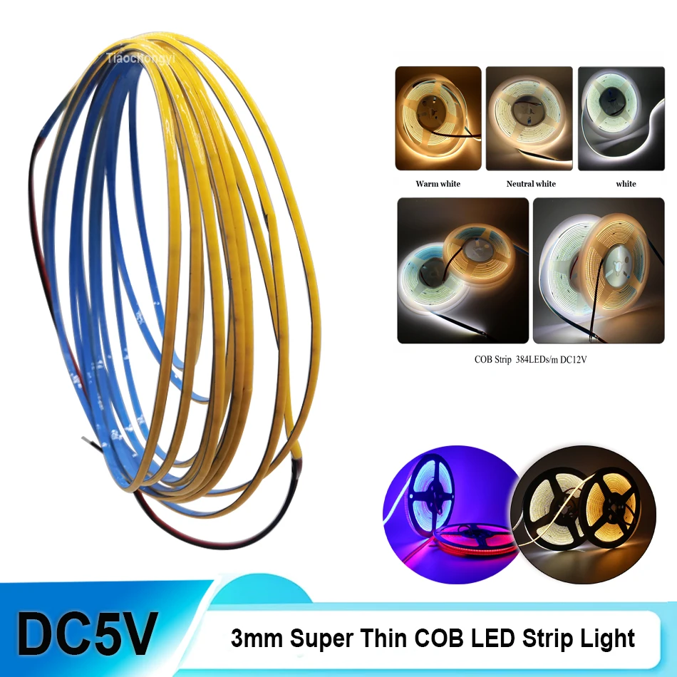DC5V 3mm Super Thin COB LED strip light 400leds/m For Toy DIY Decor white Pink Yellow Green Blue  RA90 Flexible Tape Lights