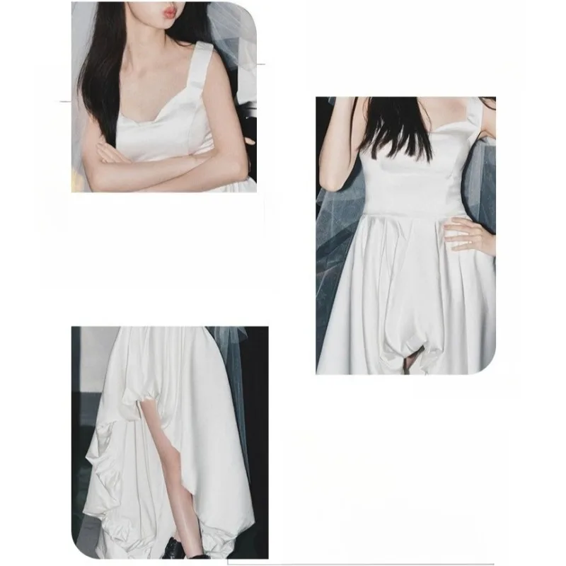 GIYSILE Abiti da sera eleganti senza maniche in raso corto semplice bianco da sposa leggero con scollo quadrato alla moda personalizzato