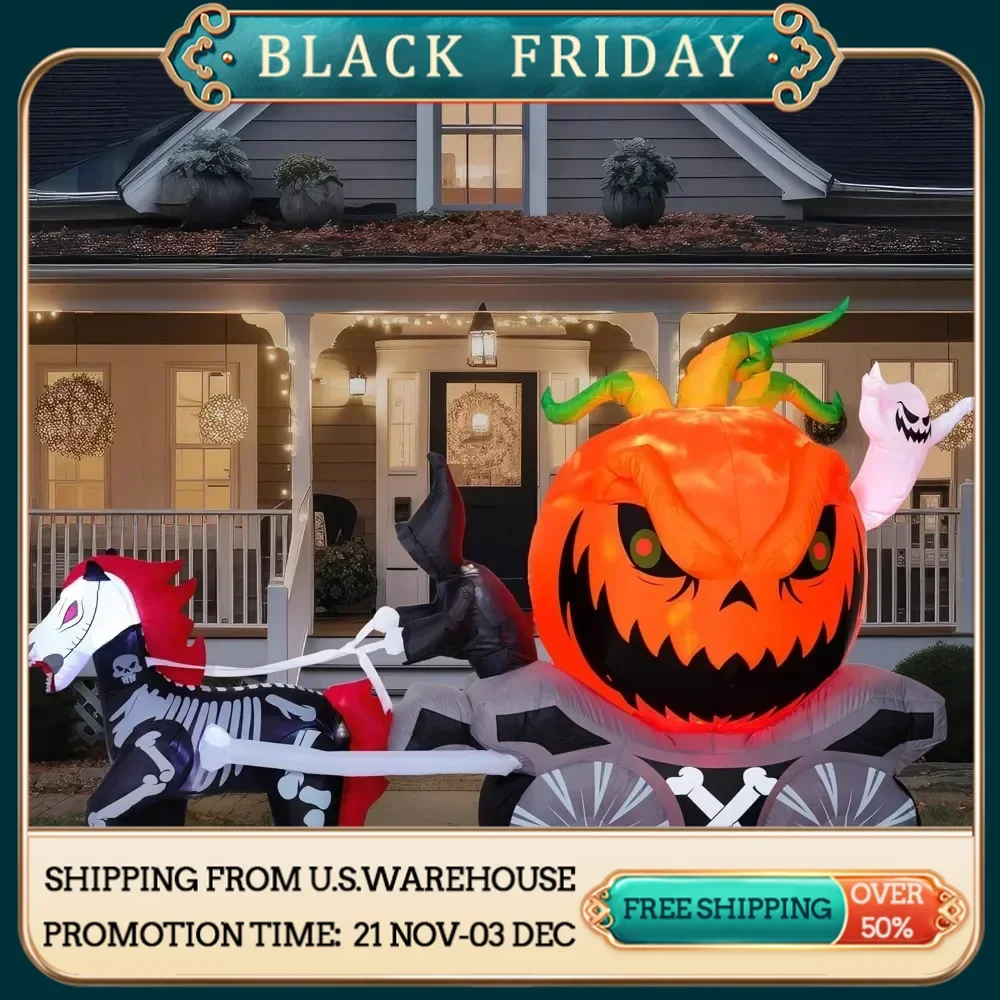 8 ft Long Halloween Inflatable Carriage with Build-in Flaming LED Lights, Blow Up Grim Reaper Driving Pumpkin Carriage