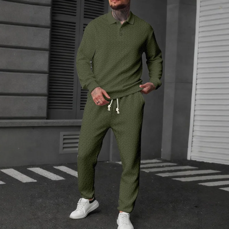 قميص بولو رياضي بأكمام طويلة للرجال من MenPOLOMEN مع نسيج أذن القمح وسروال طويل