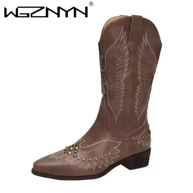 2025 Studded Boots Women Low Heel Cowboy Chelsea Western Short Leather Knee High Luxury Designer Gothic Rock Shoes Vintage Boot