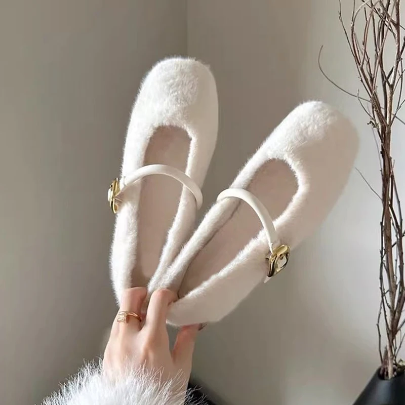 Elegant Buckle Strap Fur Mary Jane Shoes Woman Cosy Soft Fluffy Ballet Flats Ladies Plush Shallow Loafers Concise Dress Zapatos