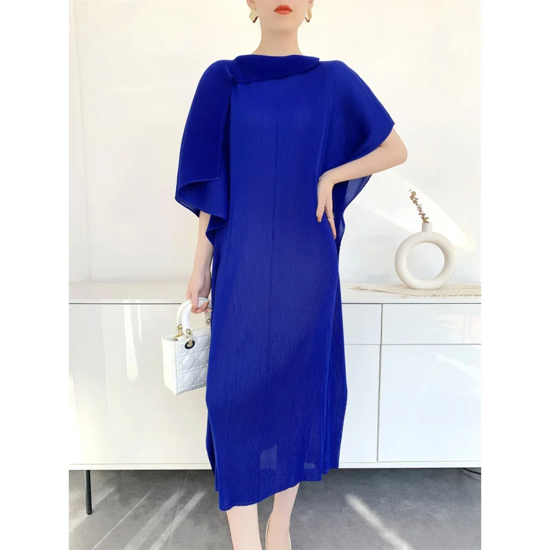 Spring and summer new exquisite design sense niche lapel toothpick pleated loose plus size women's dress [L-1016F]