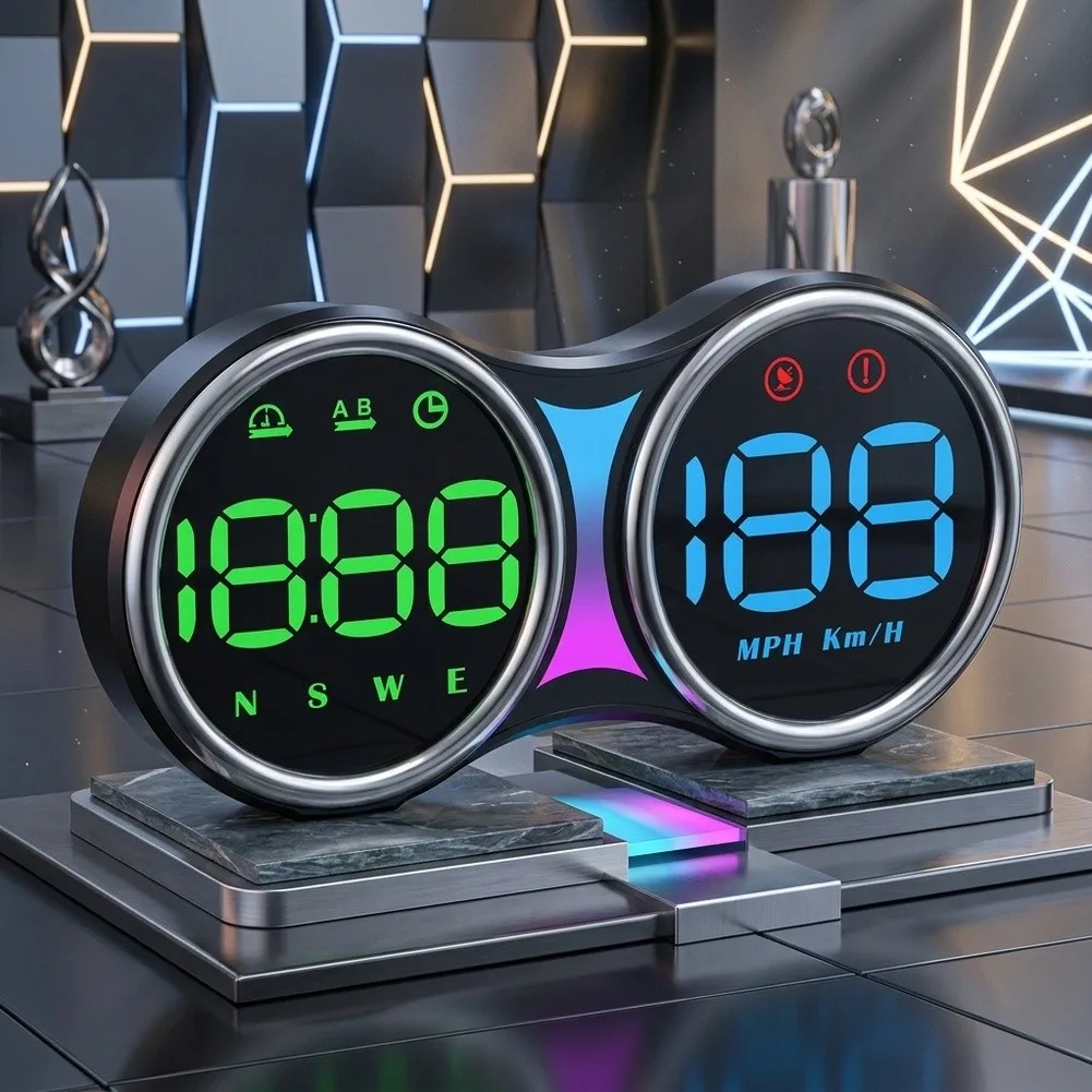 Car HUD Speedometer Display with Digital Dashboard Cluster Showing Vehicle Speed Altitude Compass and KM MPH Unit Switching