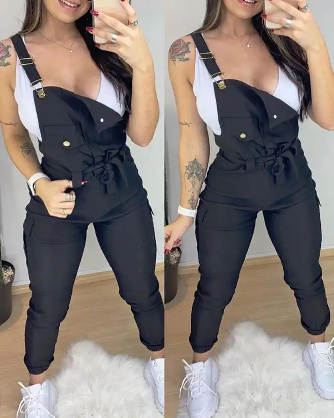 

Elegant Long Suspender Jumpsuit Y2K Streetwear for Women 2024 Spring Summer Square Neck Pocket Design Plain Hign Waist Jumpsuit