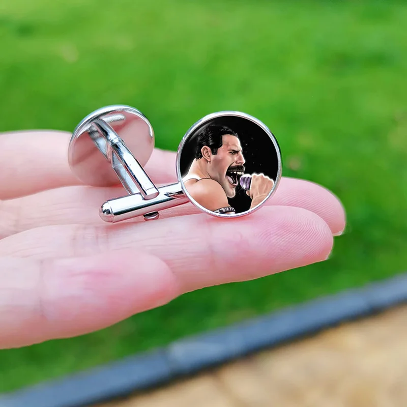 Freddie Mercury Cufflinks for Mens Band Queen Rock Singer Art Poster Glass Cabochon Cuff Links Buttons High Quality Tie Clip