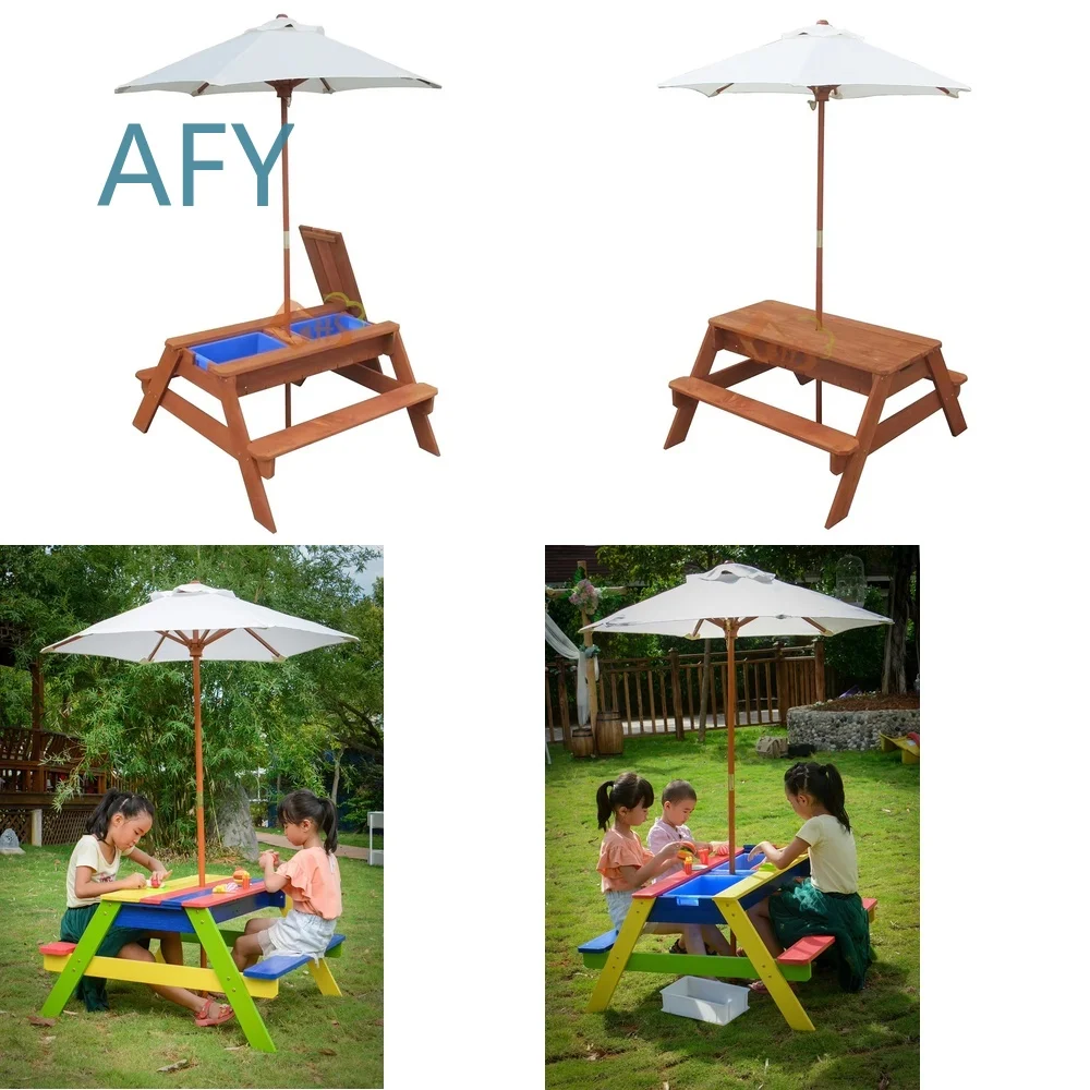 Wooden Outdoor Picnic Table with Sandbox Benches for Kids Play Area Backyard Patio Garden for Adults Family Gathering for