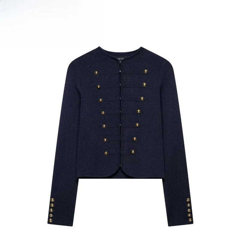 

Fashionable Knitted Coat for Women with Button Detail Polyester Fiber Waist-Cinching Style Short Length round Neck Long Sleeve