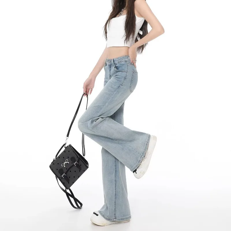 Light Blue Micro Flared Jeans for Women in Spring 2026 with Fleece Low Waist Tall Spicy Girl Not Fitting Legs Floor Length Pants