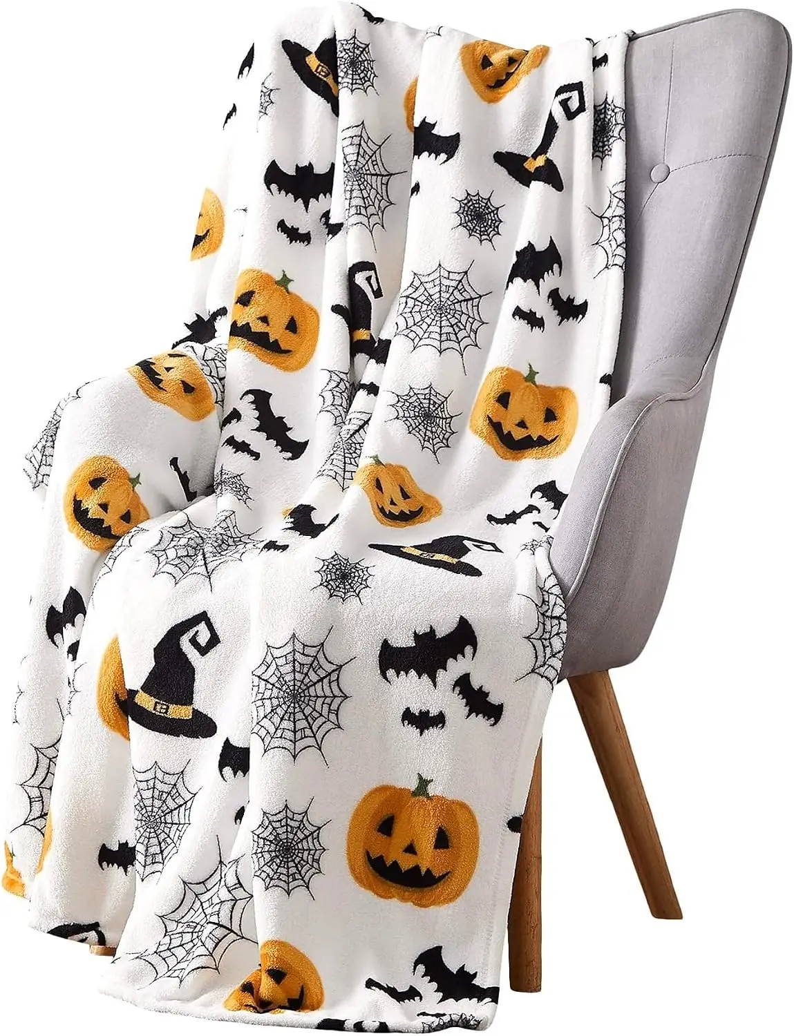 Halloween Fleece Throw Blanket, Witch Hat, Bats, Webs & Pumpkins, 50x60 in |   Ultra-soft cozy flannel fleece, for sofa couch bed chair & dorms, spooky Halloween décor, durable and machine washable.