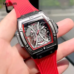 MEGIR Military Sport Red Watch Men Waterproof Analog Quartz Wristwatch with Tonneau Dial Luminous Hands Silicone Strap 8109