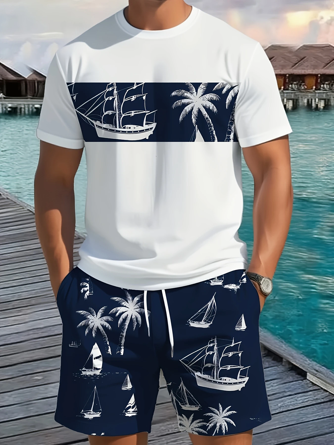 

2026 Men's Casual round Neck Short Sleeve T-Shirt Shorts Set Summer Vacation Style Outdoor Sport Comfortable Coconut Tree Print