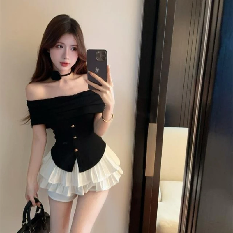 

Women Sweet Spicy Vibe Elegant Sexy Tie Halter Neck 3D Flowers Off Shoulder Split Top Tier Skirt Outfit