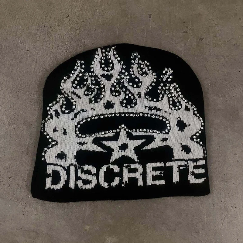 Gothic Streetwear Hat Unisex Black Rhinestone Embellished Flame & Star Graphic Casual Beanie 2026