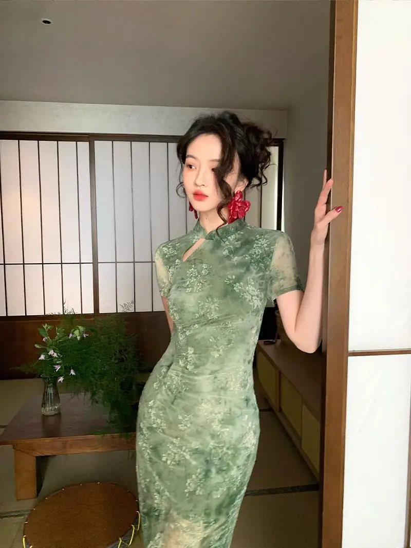 

New Chinese short-sleeved Gauze Modified Cheongsam Flower Shapely Dress Spring And Summer New Style Retro Cheongsam Elbise