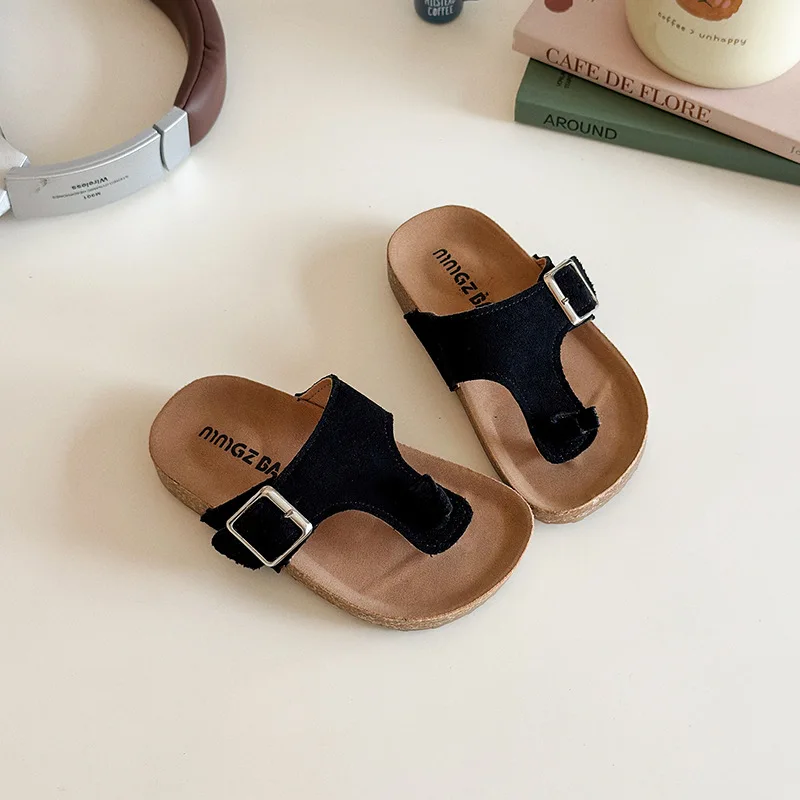 New Summer Boys Girls Cork-soled Non-slip Suede Flip-flops Children Flat Beach Thong Sandals Kids Casual Slippers Everyday Wear