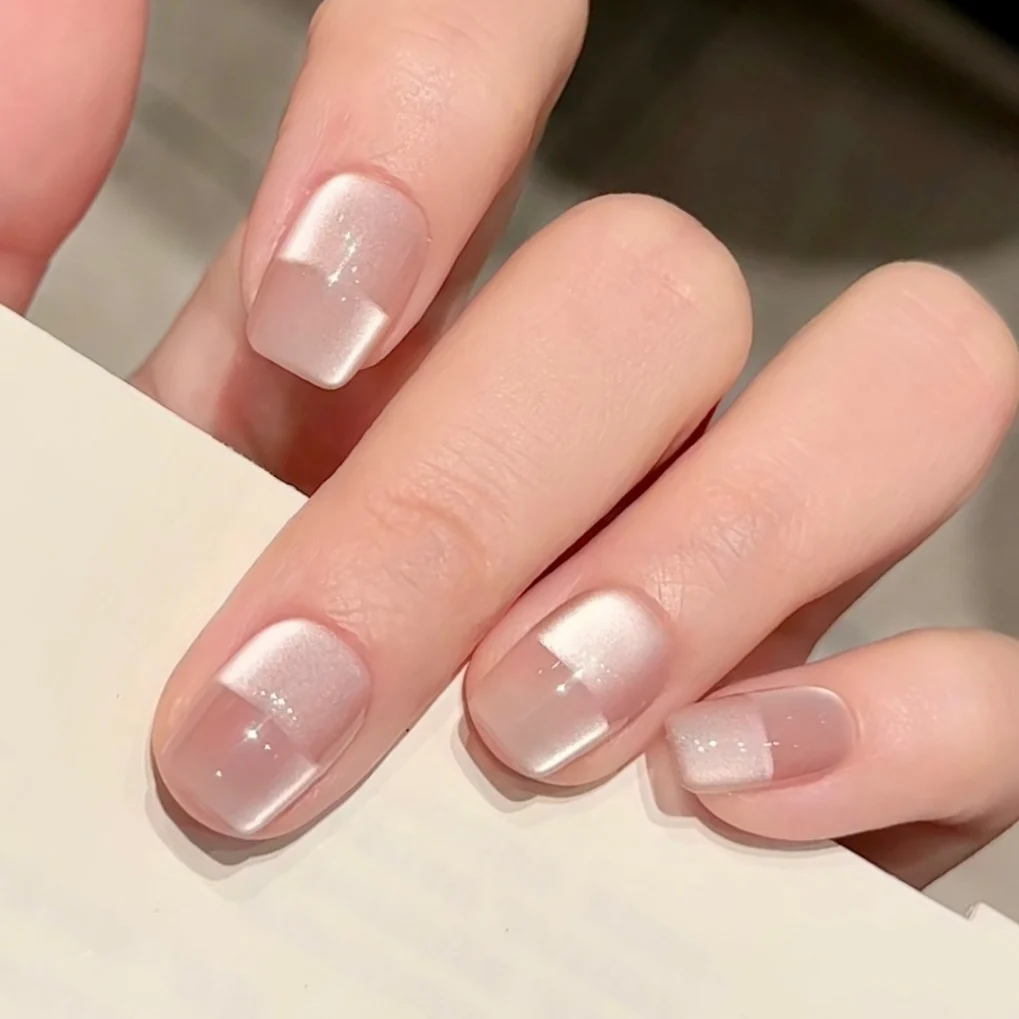 

10pcs Simple Handmade Press On Nails Pink Glossy Cat's Eye False Nails Full Cover Short Squar French Fake Nail Tips For Women