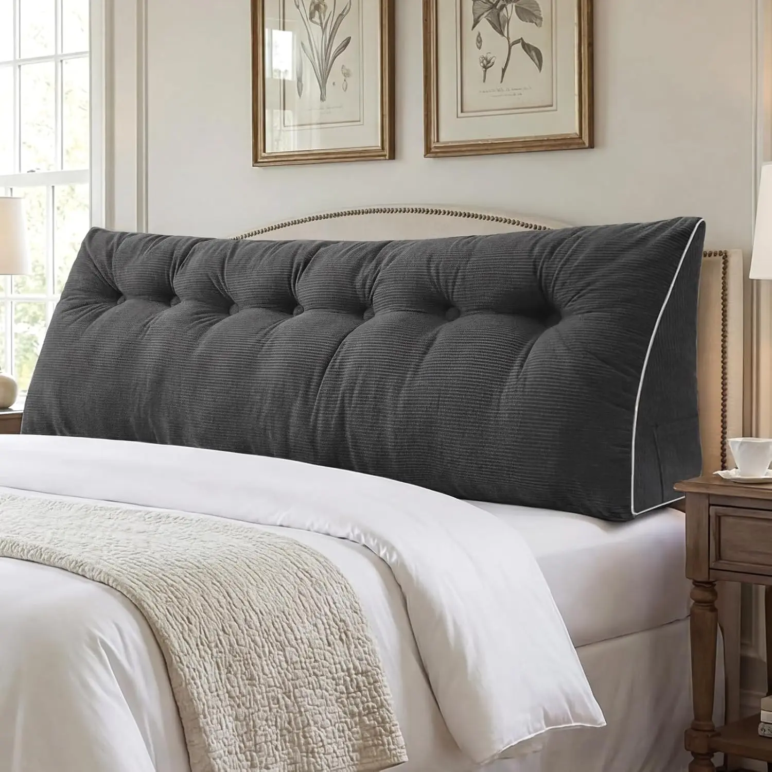 Headboard Pillow King, Wedge Pillow Headboard, Dark Grey | Triangle Backrest Cushion For Sitting Or Reading In Bed, Dorm