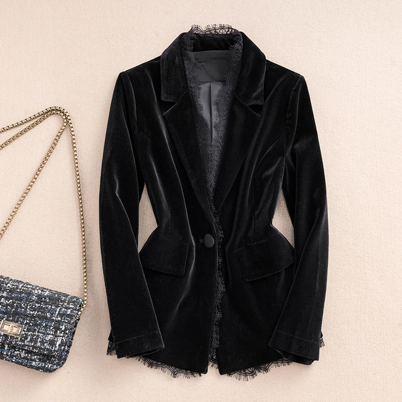 Spring New Style Black Velvet Women's Jacket Slim Fit Waist Cinched Long Sleeve Gold Velvet Lace Trimmed Button up Top