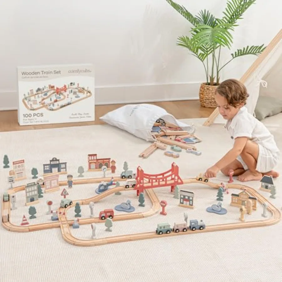 

Toddler train set for ages 1+, wooden, natural wood color, eco-friendly flexible configuration for imaginative play