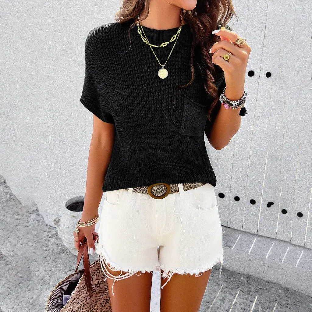 

Diyun Women's Elegant Casual Solid Color Short Sleeve Turtleneck Sweater Spring Summer Fashion European American Style