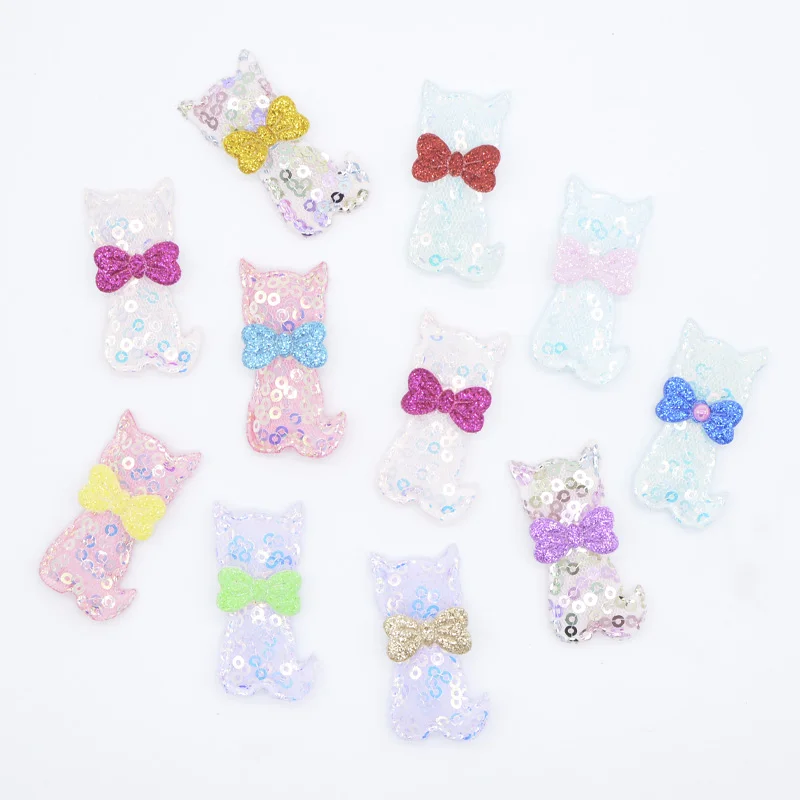 12Pcs 32*42mm Bling Paillette Kawaii Cat Appliques Padded for DIY Baby Hair Clips Band Decor Accessories Toy Clothes Patches
