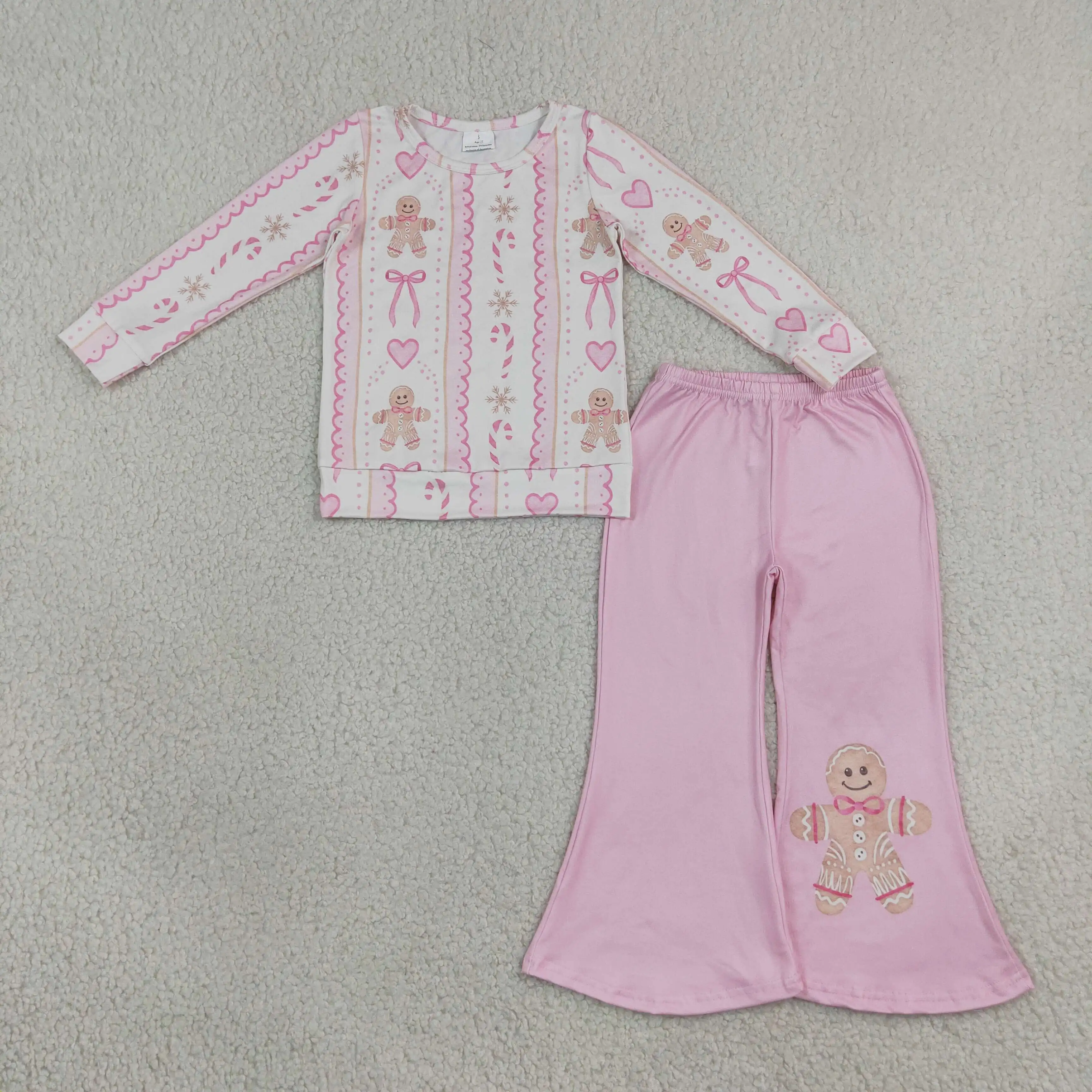 Wholesale Toddler Kids Set Long Sleeve Gingerbread Bows Shirt Pink Bell Pants Girls Children Outfit Baby Girl Christmas Clothing