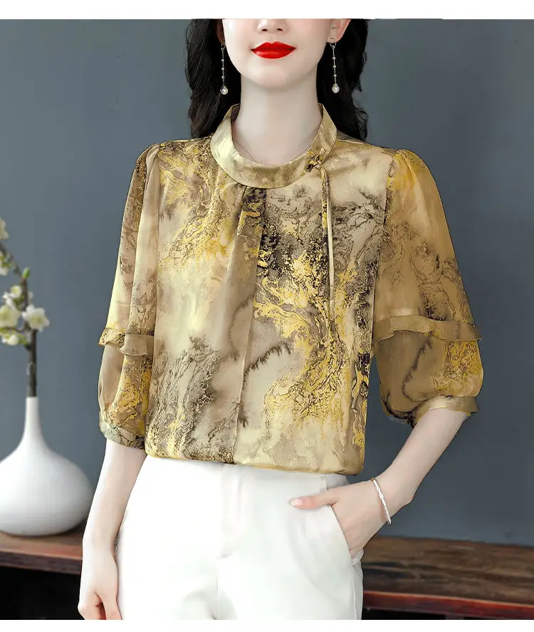 Novo estilo chinês floral chiffon topo manga de cinco quartos estilo nacional feminino verão nova mãe temperamento camisa