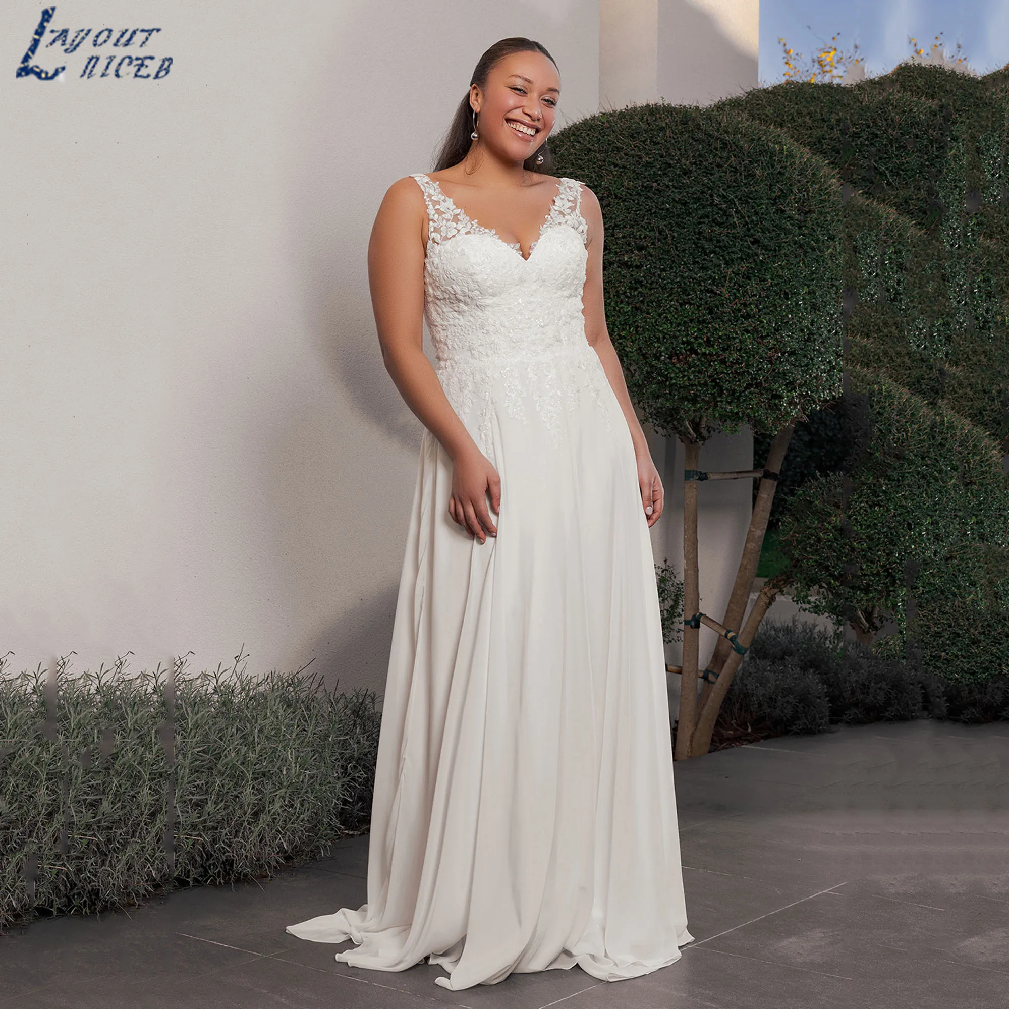 Large Size Wedding Dress Women A-Line V-Neck Chiffon Pastrol Bridal Gowns Boho Appliques Sleeveless vestidos de novia Customized