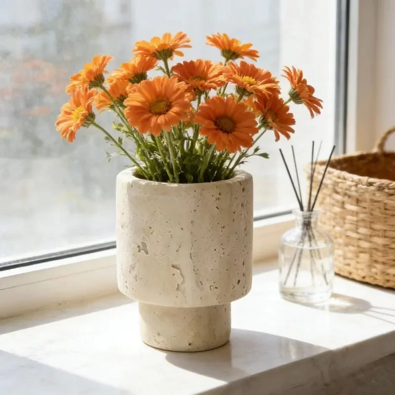 Natural Yellow Travertine Vase, Handmade Stone Flower Holder for Pampas Grass, Office Living Room Desktop Decoration,Unique Gift