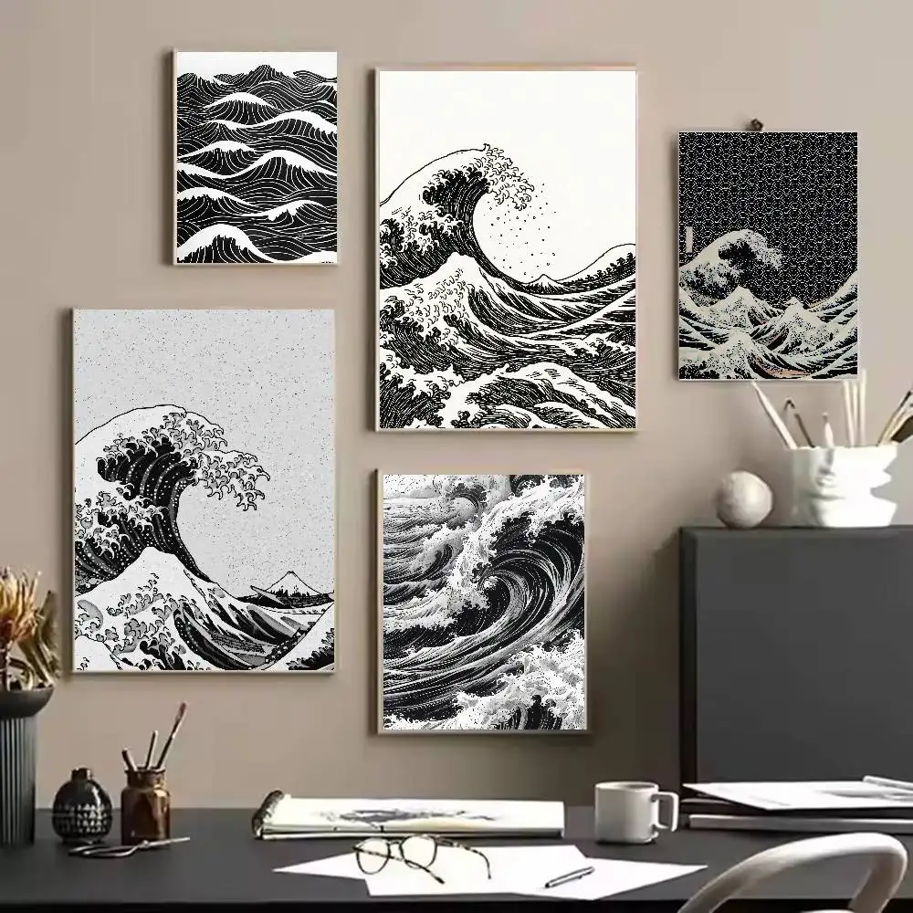 Black White Japanese Ocean Wave Poster, Vintage Ukiyo-e Style Sea Waves Wall Art Print Living Room Bedroom Decor Unframed