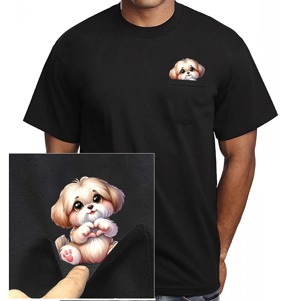 CLOOCL Shih Tzu Cotton T-Shirts Cute Dogs Hand Heart Gesture Printed Pocket T-shirt Women Short Sleeve Shirts Hip Pop Tops