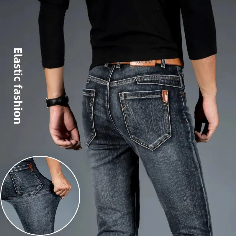 Autumn/Winter Men's Business Jeans Slim Fit Stretch Denim Trousers Creative Modern Style Office Wear For Gentleman