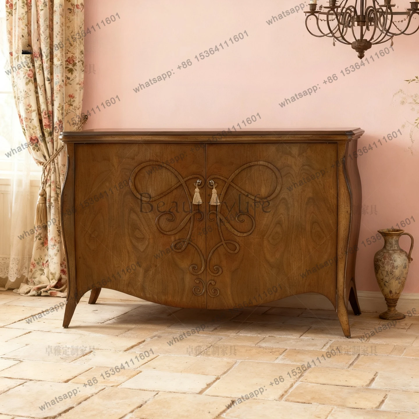 Nordic neo-classical solid wood home entrance cabinet vintage distressed decorative storage cabinet