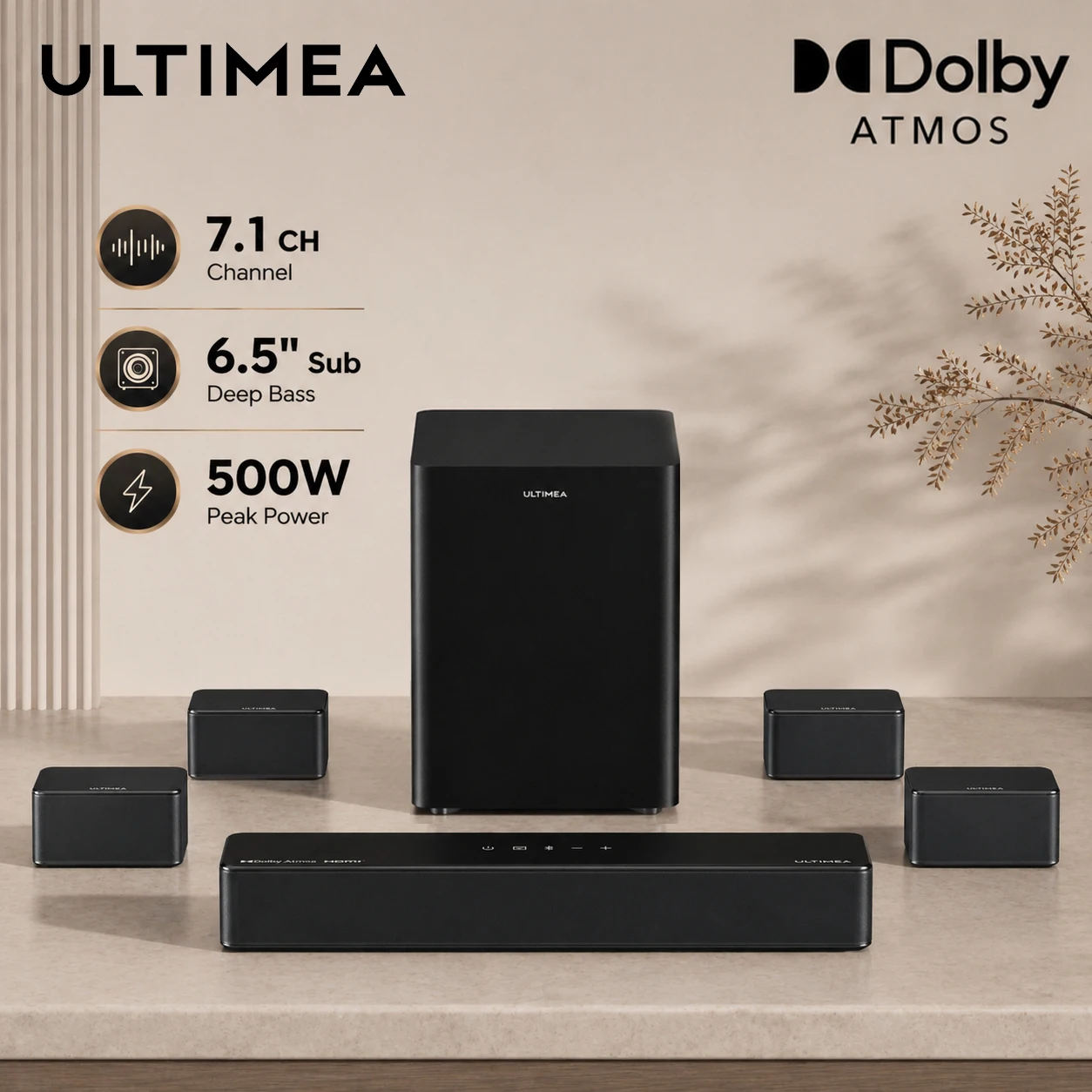 Barre de son ULTIMEA Poseidon D80 Boom 7.1 canaux 500W Dolby Atmos, caisson de basses sans fil et 4 enceintes surround, home cinéma TV, contrôle par application