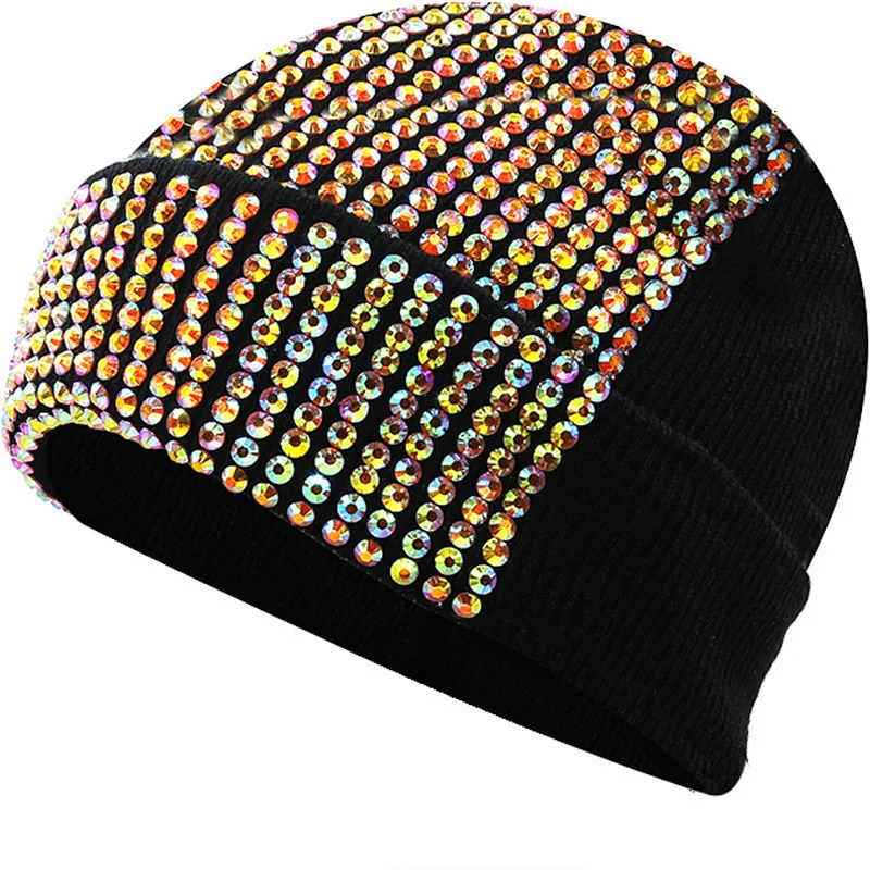 

Beanie Diamond Inlaid Solid Color Brimless Bell Shaped Hat Handmade Woolen Hat Warm Sticky Diamond Knit Hat 4m857