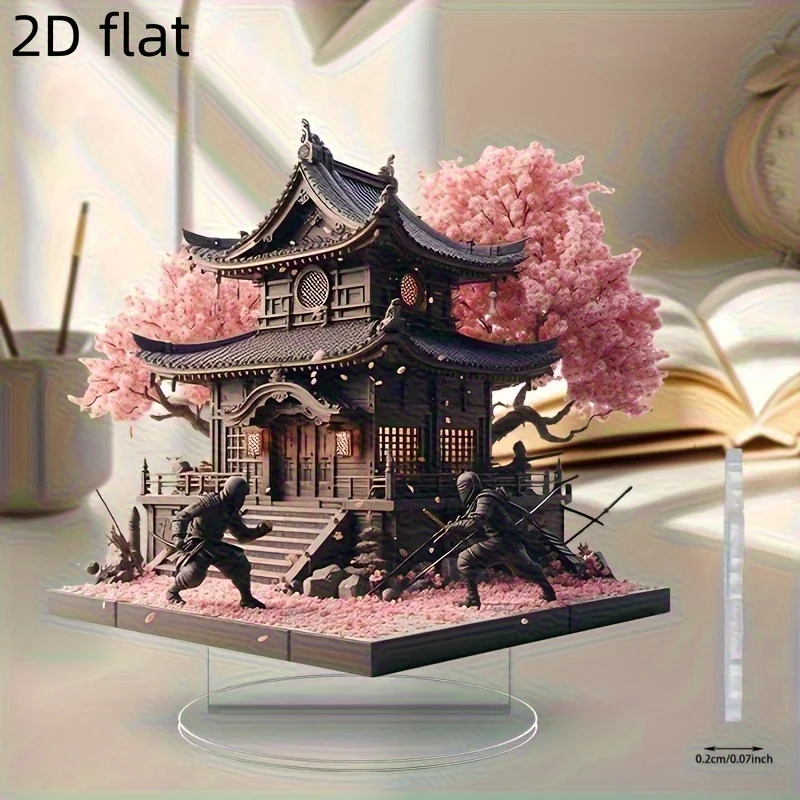 2D Acrylic Tabletop Decoration Japanese-Style Pagoda Cherry Blossom And Samurai Battle Pattern Ideal Japanese Enthusiasts Gift