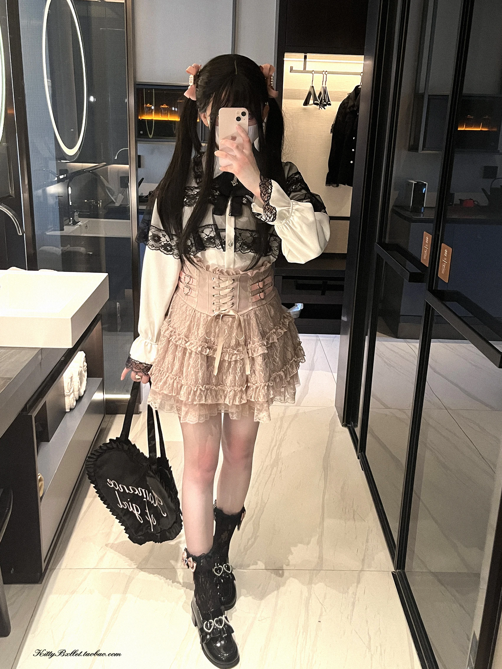 Japanese Mine Style Lace Splicing Short Skirts High Waist Lace-up A-line Heart Leather Buckle Sweet Versatile Mini Skirt Women