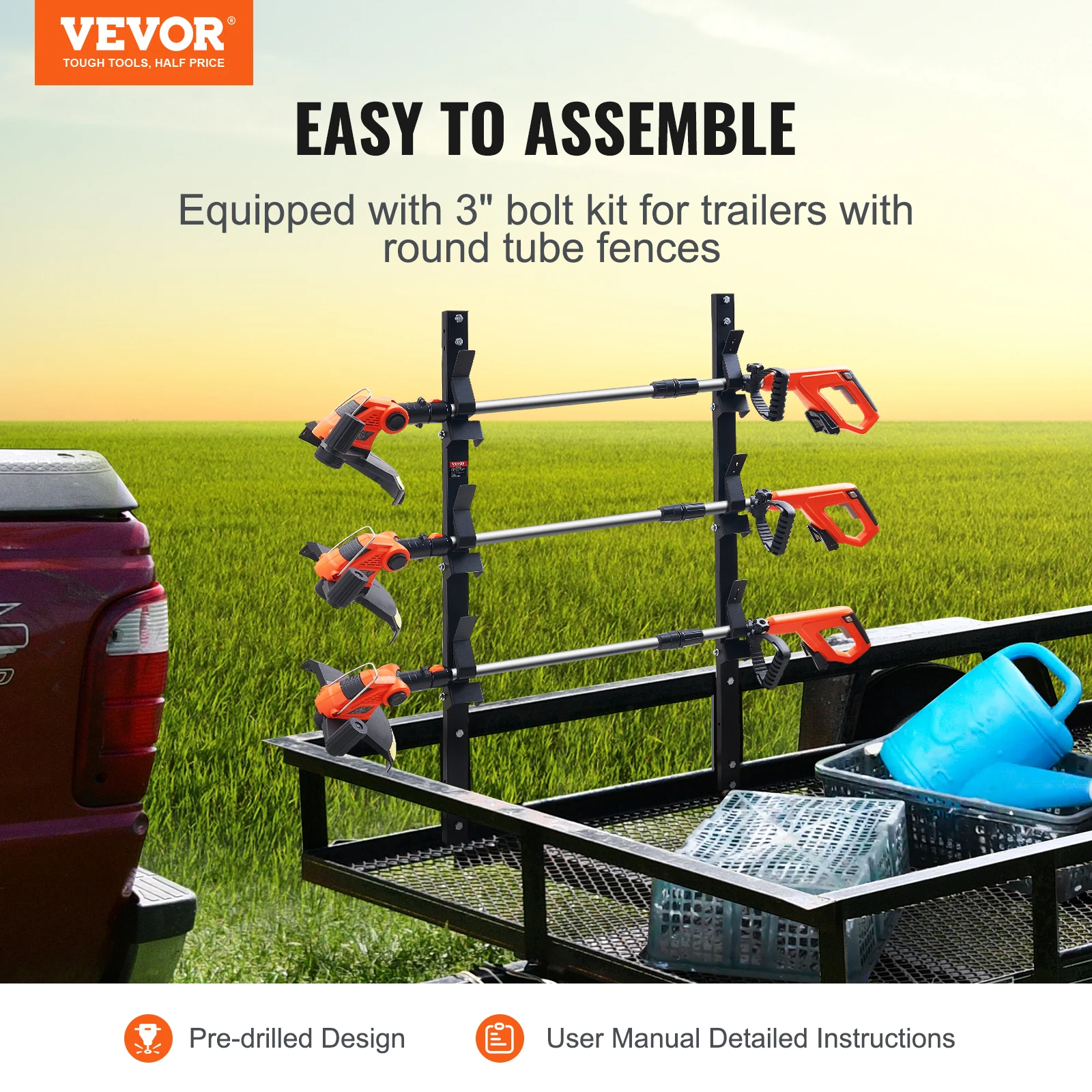 VEVOR 3 Position Weed Trimmer Rack Vertical/Wall Mounted Weeding Bracket with Hook Can Be Locked for Open Landscape Trailers