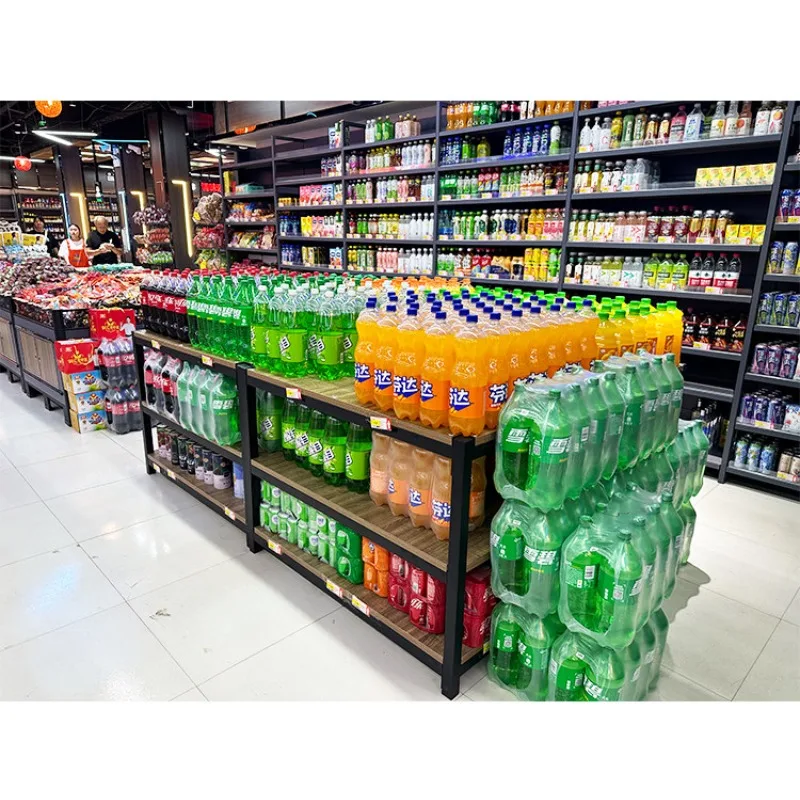 Supermarket promotion table Milk stack rack Display rack Multifunctional steel and wood display stand Convenience store shelf