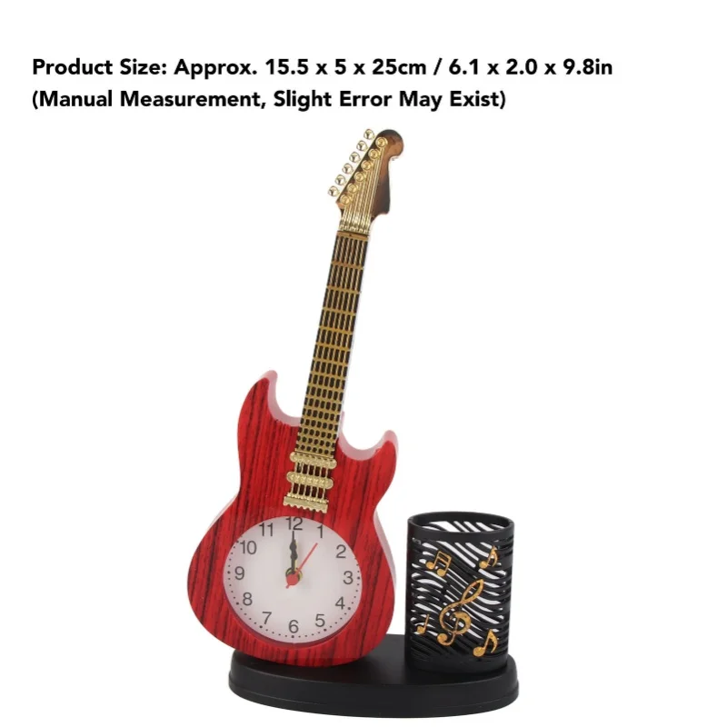 Vintage Desk Clock Guitar Shape Stable Base Battery Powered ABS Alarm Clock With Pencil Holder For Bedroom Office