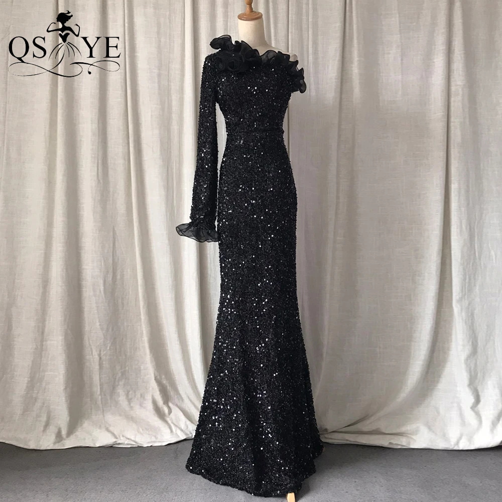 

One Shoulder Long Sleeves Black Evening Dresses Organza Ruffles Neck Prom Gown Party Sequin Mermaid Women Black Formal Gown Chic