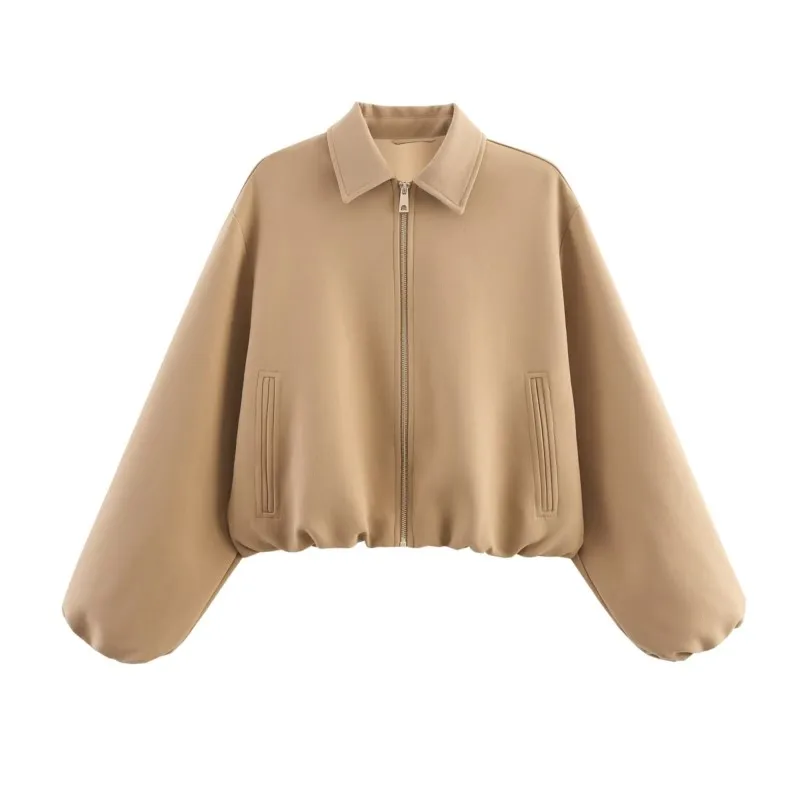 

TRAF Puffed Zip Up Jacket Women Casual Vintage Lapel Collar Women's Coats 2025 Autumn New Pocket Female Jackets
